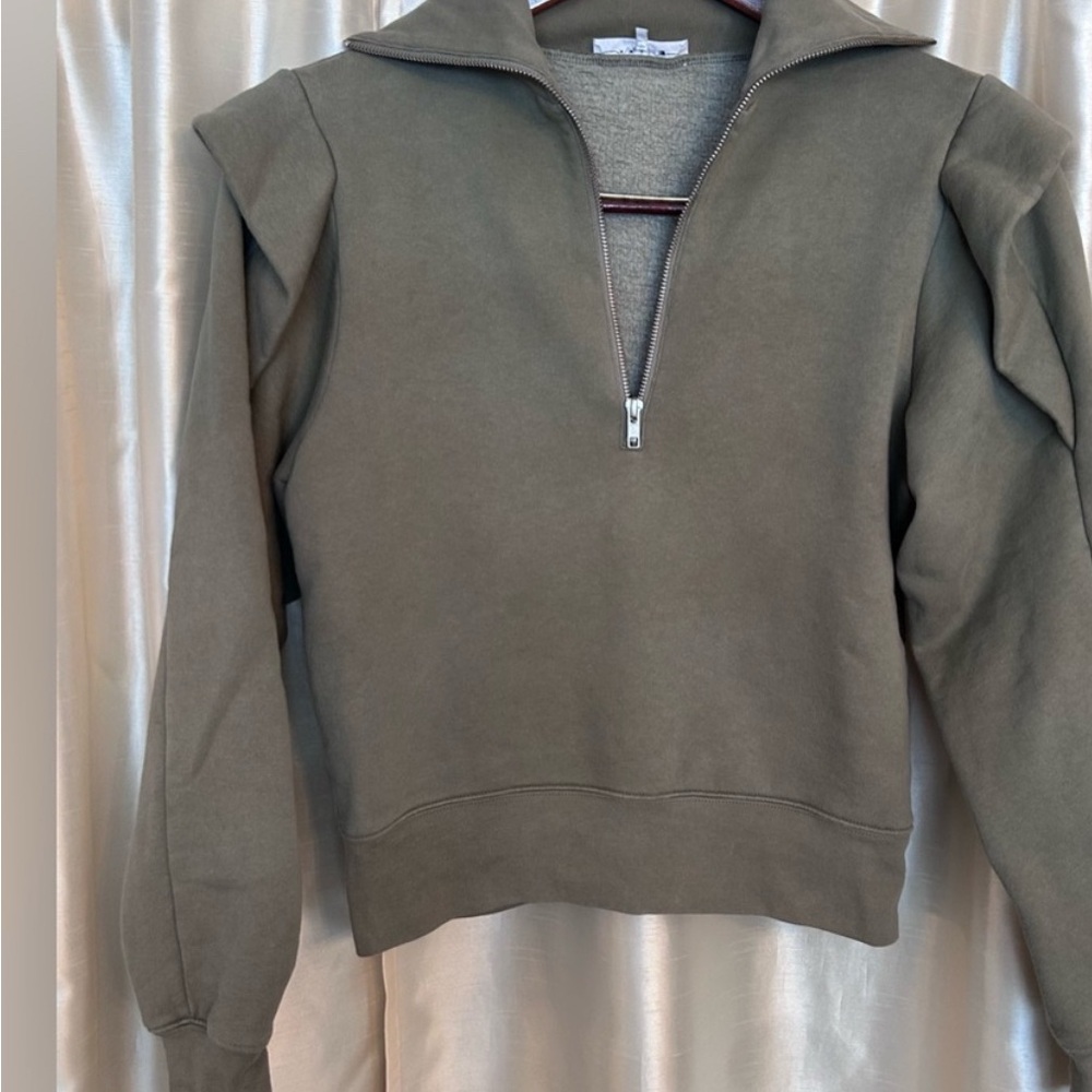 FRAME Sporty Half Zip Ruffle Shoulder Detail Sweatshirt Military Green S EUC - Picture 14 of 14